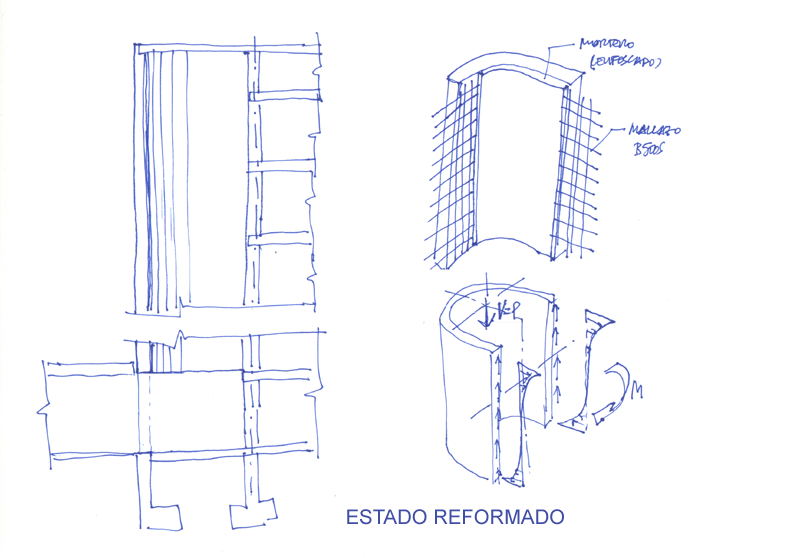 Transformación en elemento estructural del cerramiento de una escalera mediante adición de estructura de hormigón armado mixto con fábrica