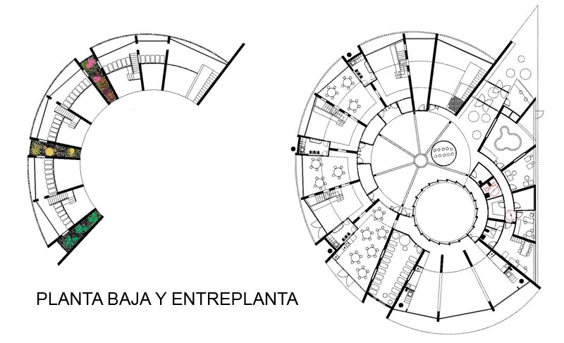 Estructura radial de madera para pabellón infantil.